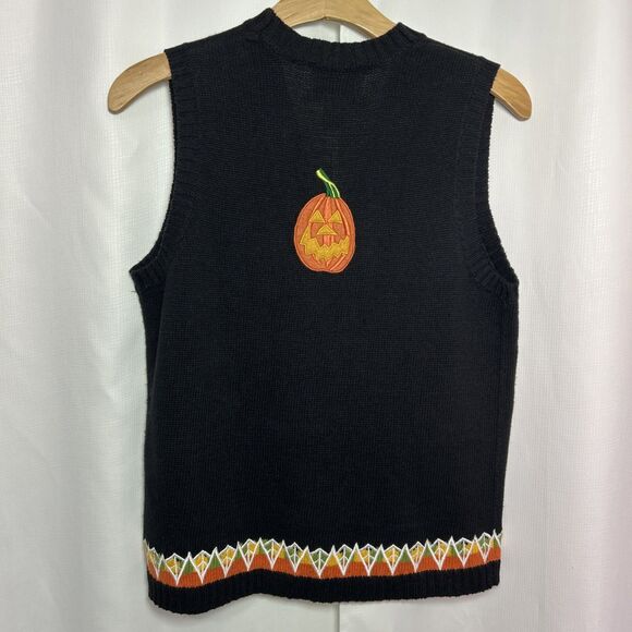 Tiara International Halloween Sweater Vest Size Medium Embroidered Pumpkin Ghost - Picture 10 of 12